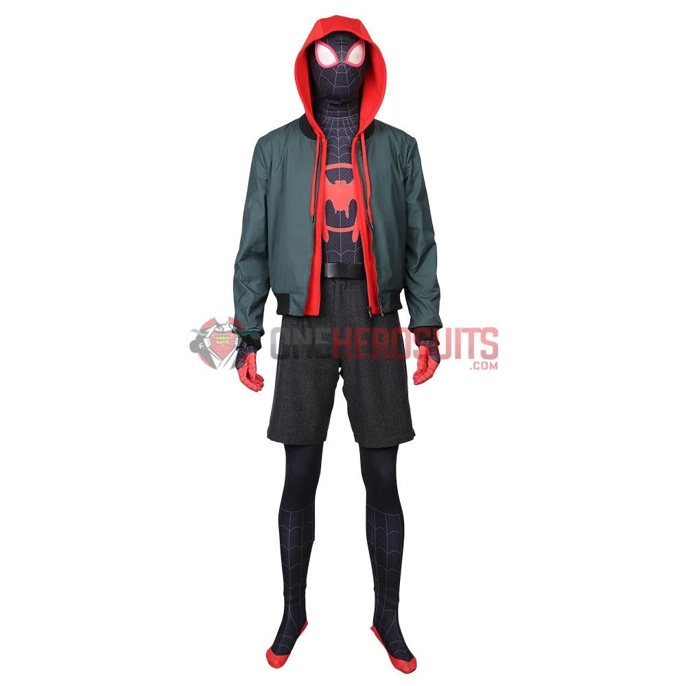 OneHeroSuits Miles Morales Cosplay Costumes Spider Man Into The Spider Verse Miles Green Coat
