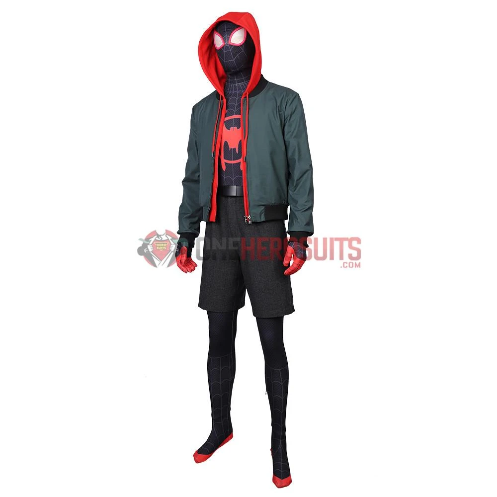 OneHeroSuits Miles Morales Cosplay Costumes Spider Man Into The Spider Verse Miles Green Coat
