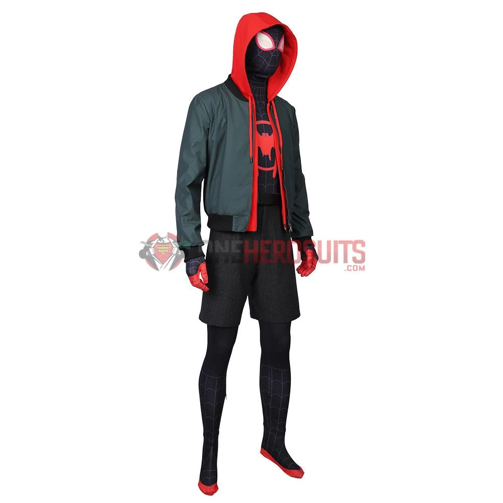 OneHeroSuits Miles Morales Cosplay Costumes Spider Man Into The Spider Verse Miles Green Coat