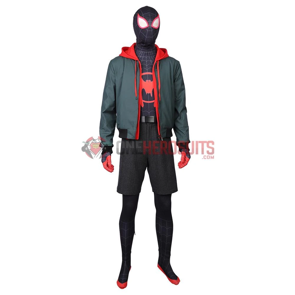 OneHeroSuits Miles Morales Cosplay Costumes Spider Man Into The Spider Verse Miles Green Coat