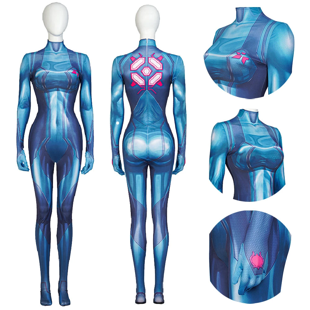OneHeroSuits Costumes Metroid Cosplay Costume Samus Aran Blue Jumpsuits